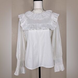 NEW WEEK& White PEASANT Long Sleeve Blouse Size M RUFFLED NECKLINE 100%COTTON